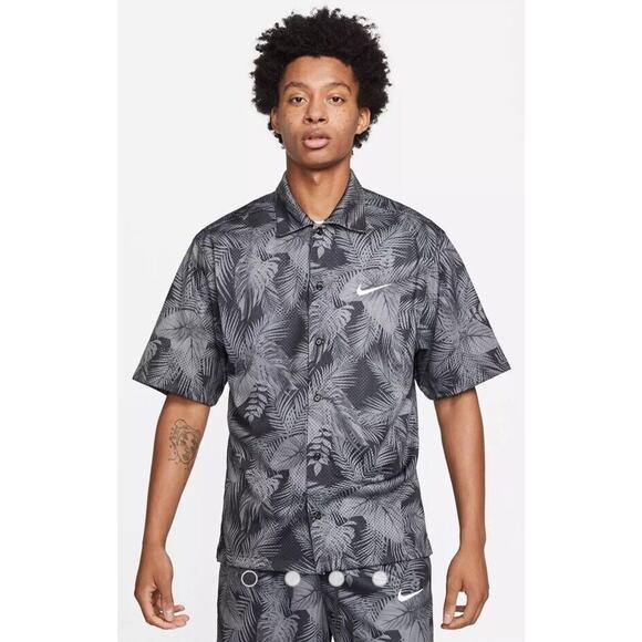 Nike Mens Short Sleeve Button Up Shirt Floral Black Grey Mesh Size S - Picture 1 of 8